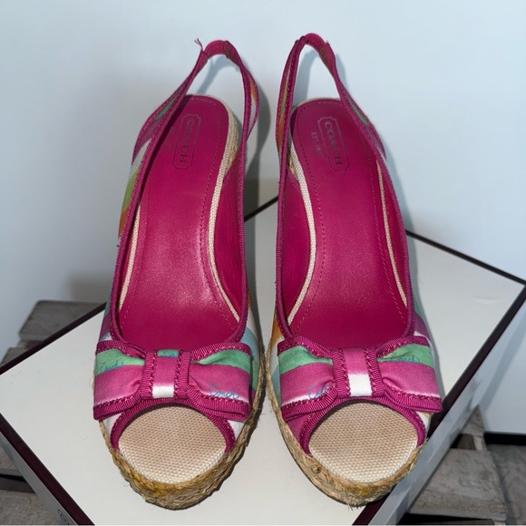 Coach Poppy Grace Watcol Multicolor Wedge Straw Collection Sandals 9 Medium - Picture 2 of 15